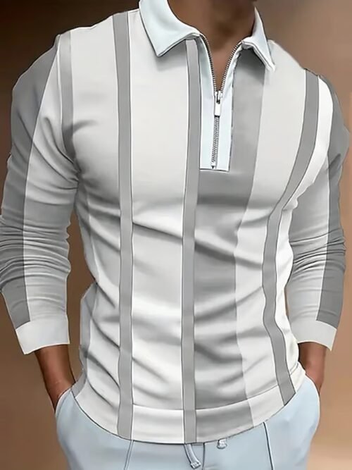 Men's casual contrast color block zipper polo shirt