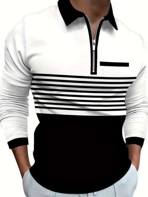 10D51103-6E96-14B9-0D60-AE629544E1E0 Men's Business Casual Striped Zip-Up Shirt