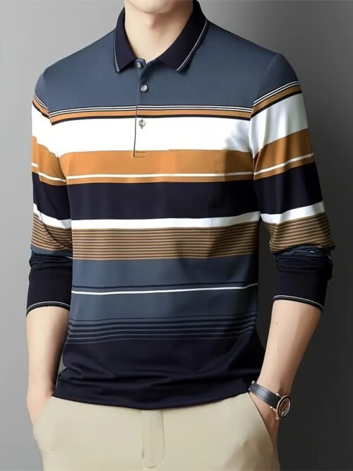 Men's Business Casual Striped Long-Sleeved Polo Shirt