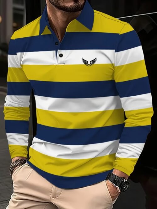 Men's Business Casual Striped Long-Sleeved Polo Shirt