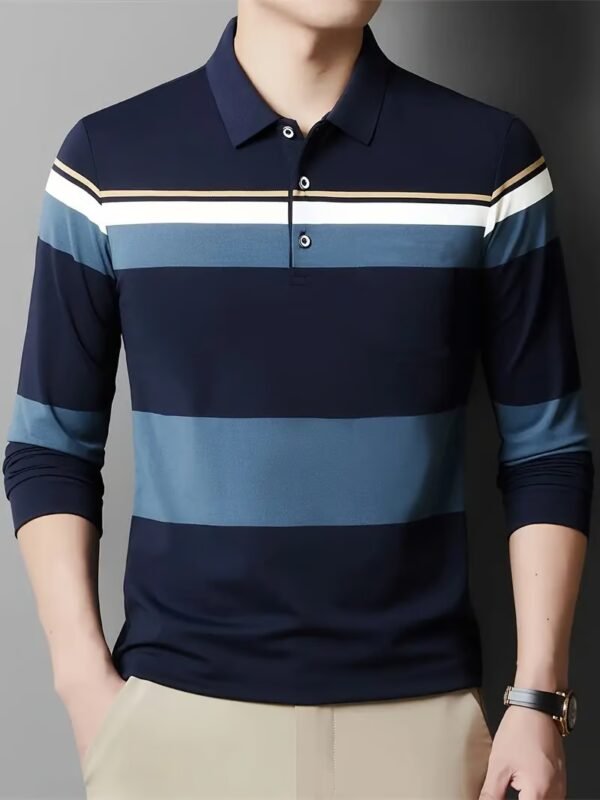 Men's Business Casual Striped Long-Sleeved Polo Shirt
