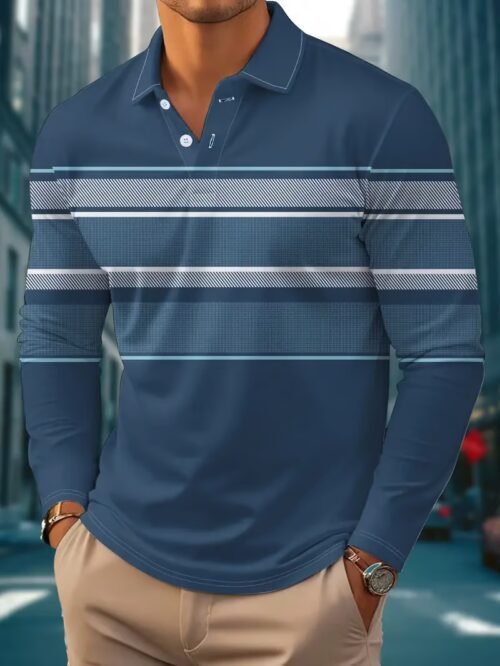 Men's Business Casual Striped Button-Down Polo