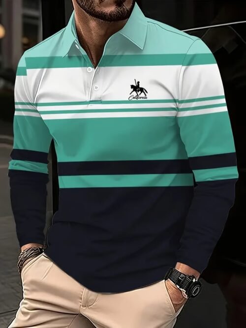 Men's Business Casual Striped Long-Sleeved Polo Shirt