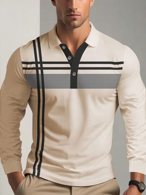 Men's Business Casual Striped Long-Sleeved Polo Shirt