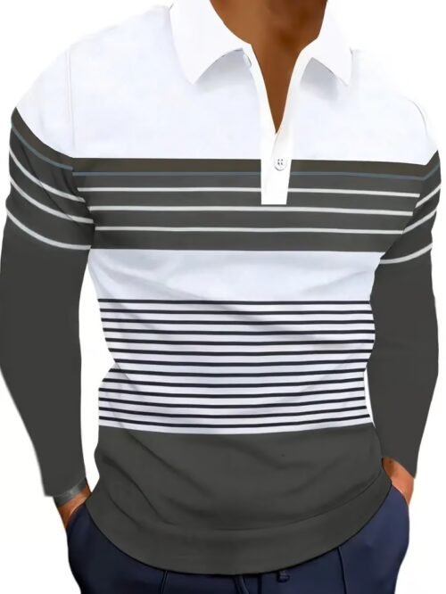 Men's Business Casual Striped Long-Sleeved Polo Shirt
