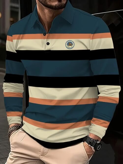 Men's Business Casual Striped Long-Sleeved Polo Shirt