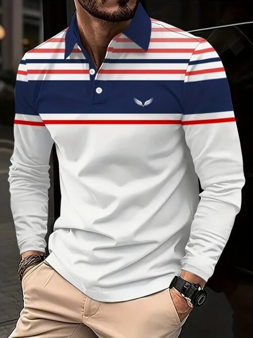 Men's Business Casual Striped Long-Sleeved Polo Shirt