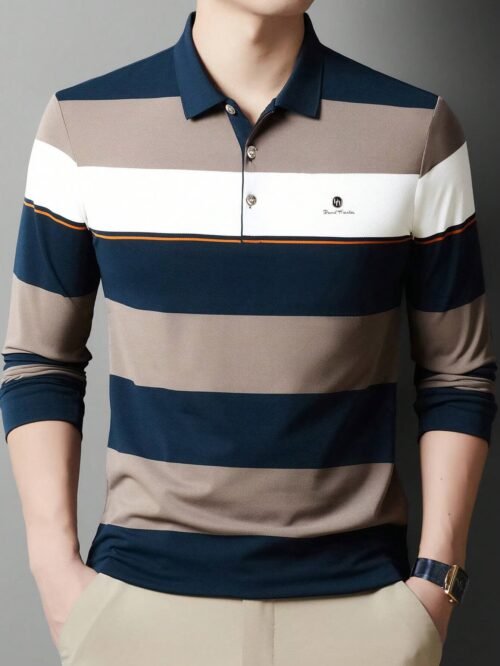 Men's Business Casual Striped Button-Down Polo