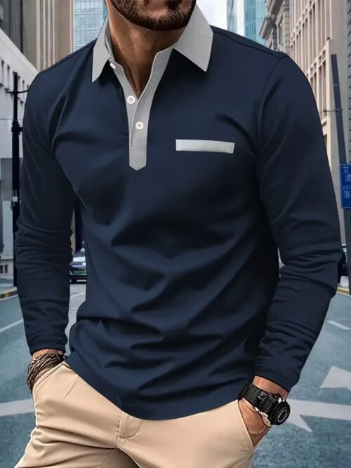 Men's Business Casual Striped Long-Sleeved Polo Shirt
