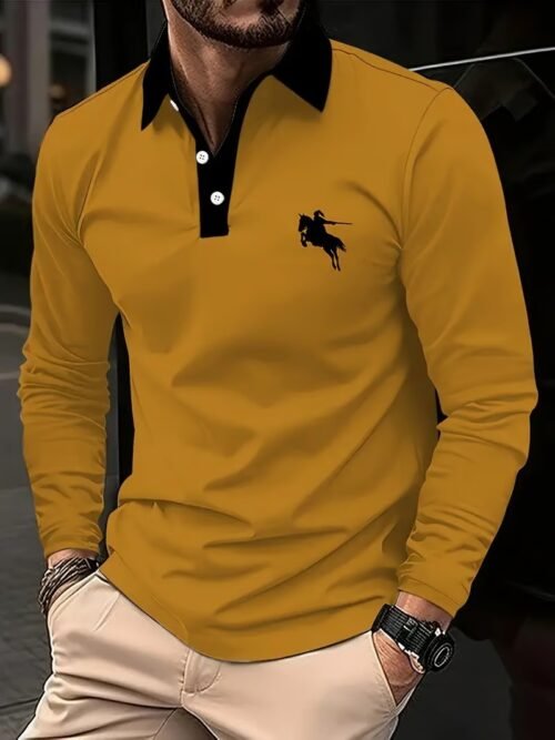 Men's Business Casual Striped Long-Sleeved Polo Shirt