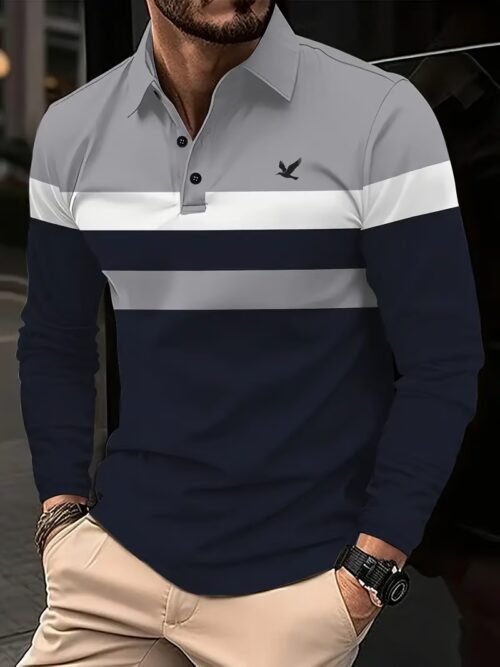 Men's Business Casual Striped Long Sleeve Polo