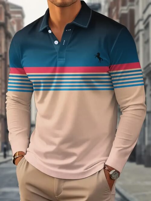 Men's Business Casual Striped Long-Sleeved Polo Shirt