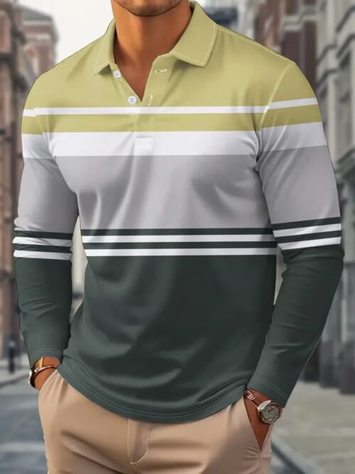 Men's Business Casual Striped Button-Down Polo